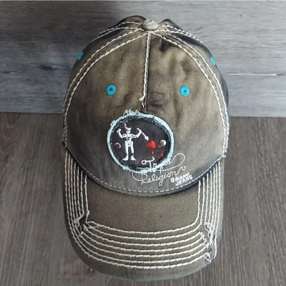 Vintage True Religion Distressed Embroidered Black Beard Flag Hearts Hat